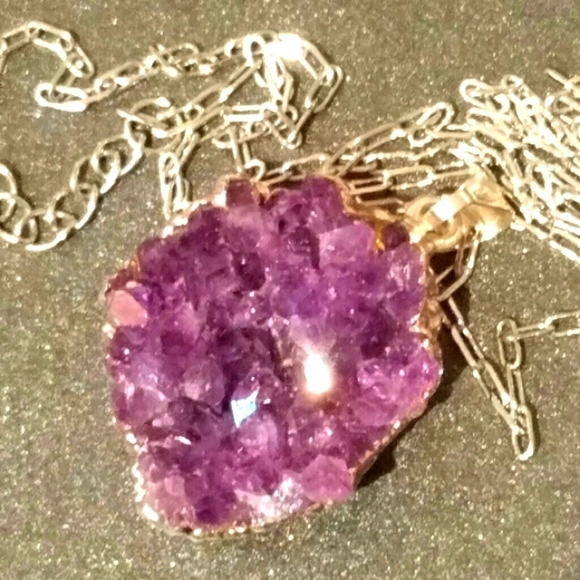 Purple Amethyst Druzy Crystal Silvertone Necklace - Picture 7 of 7